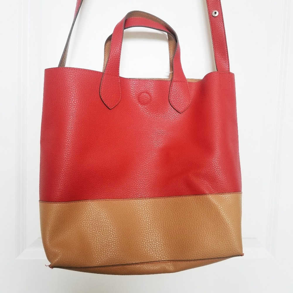 Style & Co Red/Tan Color-Block Carry  All Vegan Tote Bag
